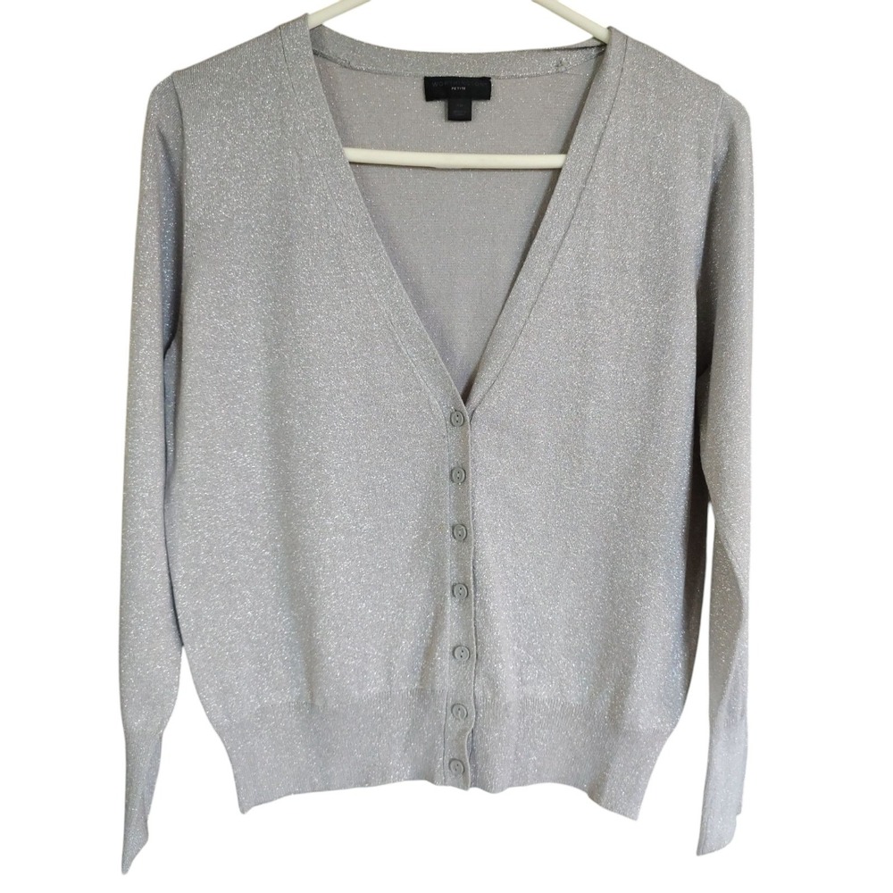 Worthington Gray Sparkle Sweater Long Sleeve Button Up Womens Petite Medium